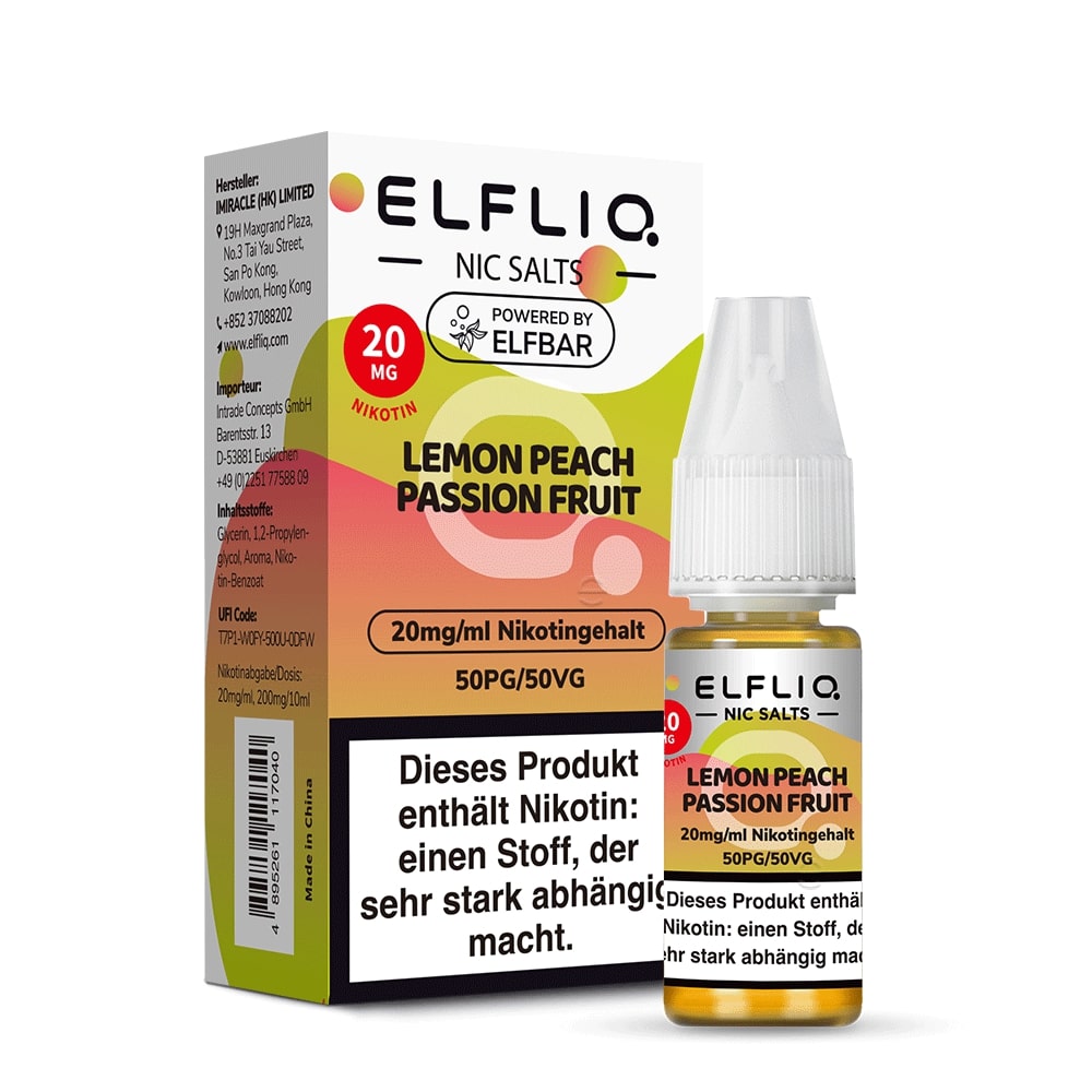 Elfliq - Zitrone Pfirsich Passionsfrucht Nikotinsalz Liquid 10ml | 20mg/ml