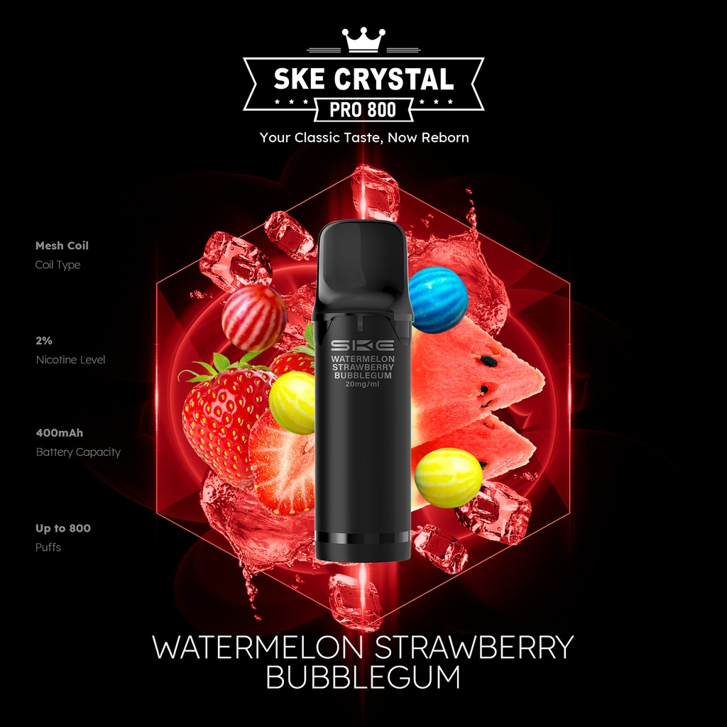 SKE Crystal Pro 800 Pod – Wassermelone, Erdbeere, Kaugummi, 2 % Nikotin (2er-Pack)